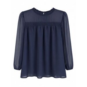 NWT Monteau Navy Blue Chiffon Tunic Blouse Medium Ruffle Neck Sheer